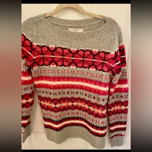 Loft Fair Isle Sweater New without tags sz Med. Grey pink, burgundy heart print